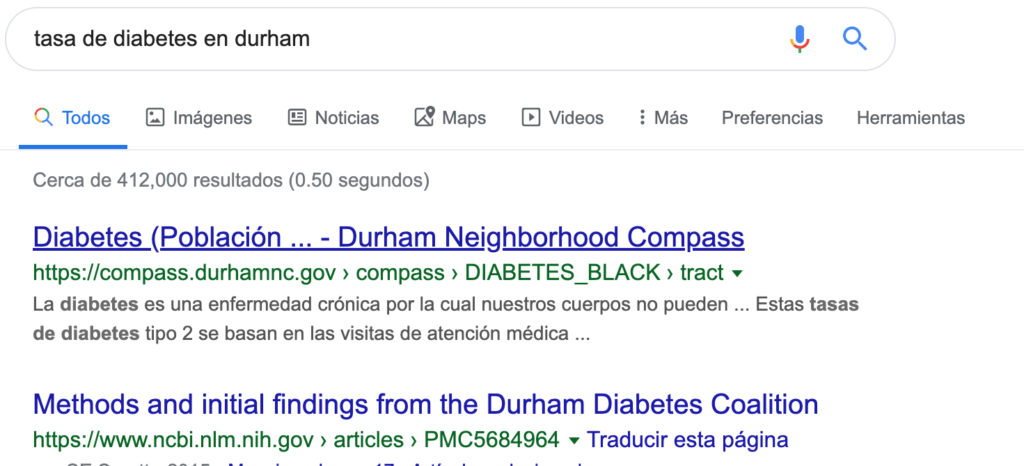Screenshot of google search results for the phrase "tasa de diabetes in Durham", showing the Durham Neighborhood Compass map of diabetes rates as the first result.